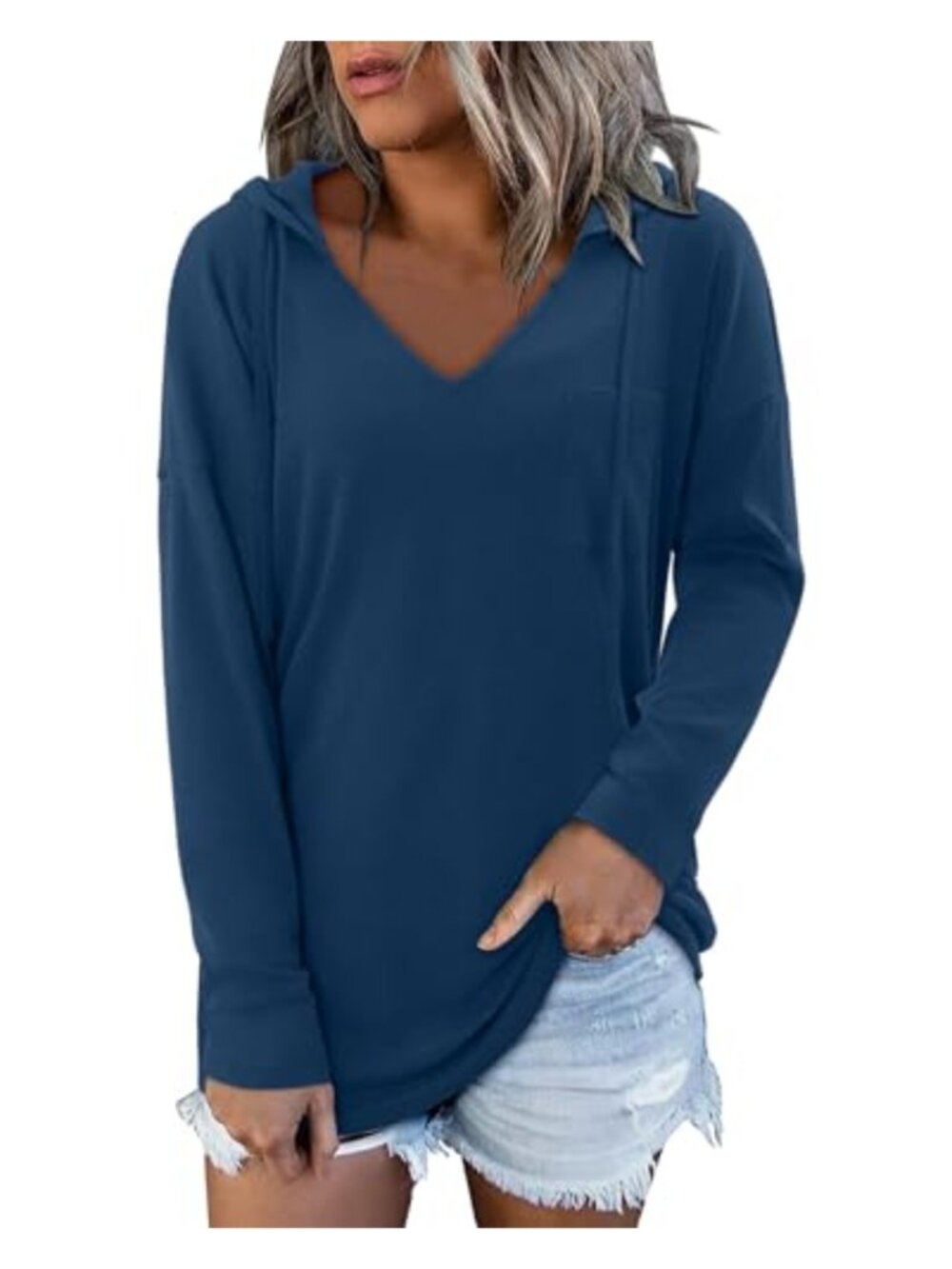 Women's V Neck Hoodie Long Sleeve Pullover Sweatshirt with Pocket